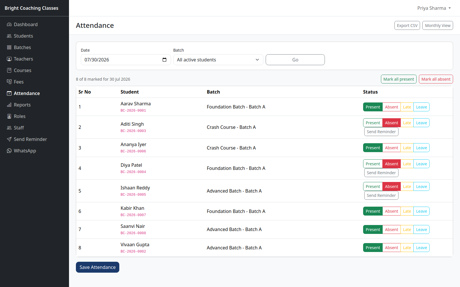 Placeholder screenshot: AcademyFlow dashboard showing student attendance and fee status